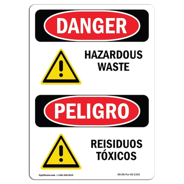Safety Sign, OSHA Danger, 5" Height, Hazardous Waste Bilingual Spanish, 10PK